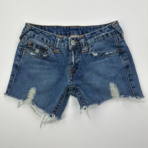 True Religion Shorts Women 28 Blue Bobby Denim Cutoff Distressed Ragged USA